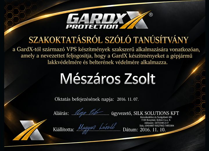 GardX Protection szakoktatási tanúsítvány, 2016