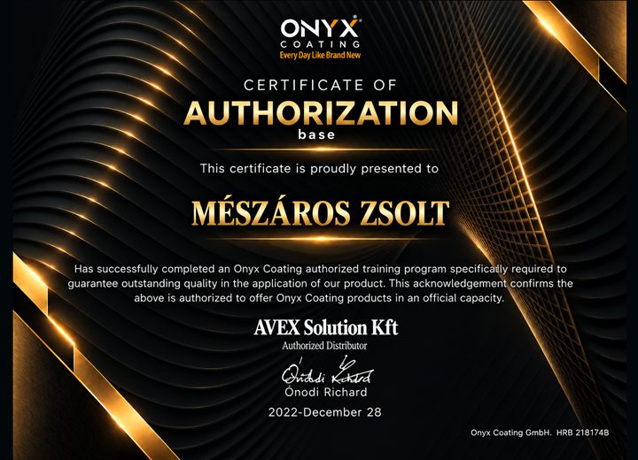 Onyx Coating authorization tanúsítvány, 2022